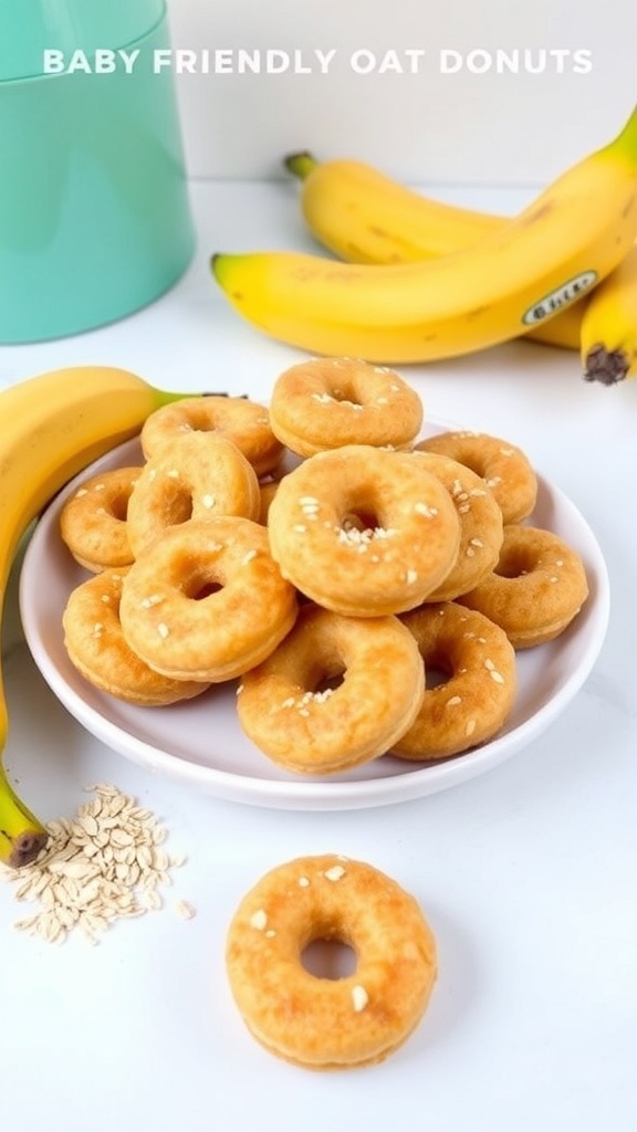 Baby-Friendly Banana Oat Donuts for 6-Month-Olds Mini banana oat donuts on a plate, surrounded by ripe bananas and oats, in a bright kitchen.